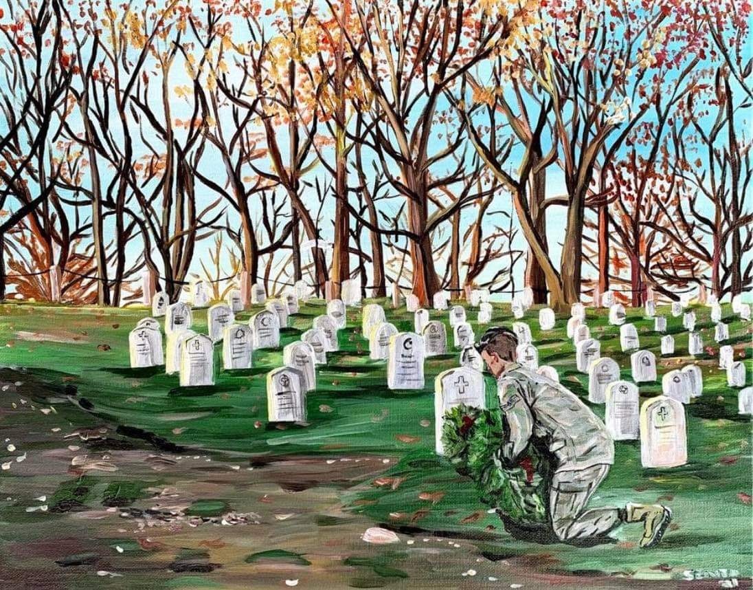 A painting of a soldier leaning down in a cemetery.