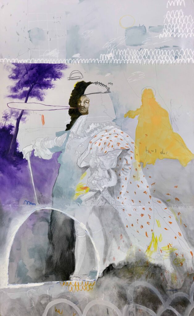 A painting of an aristocrat with a sword. Many layers of texture and color surround him. The word Haldol can be seen in the background.