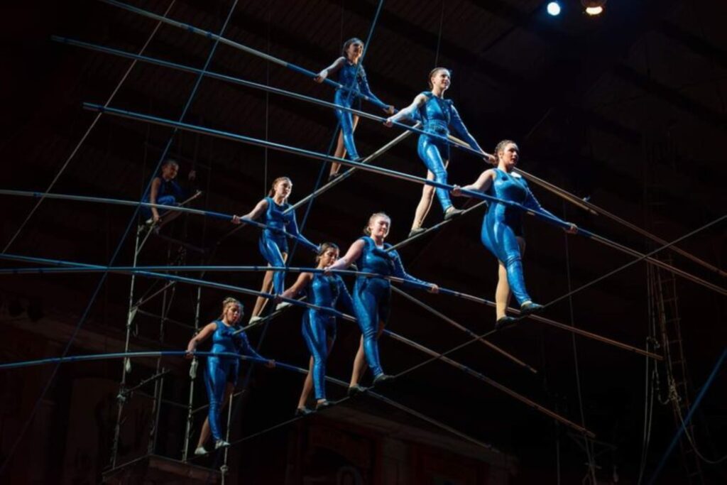 People holding long poles walking and balancing on wires.