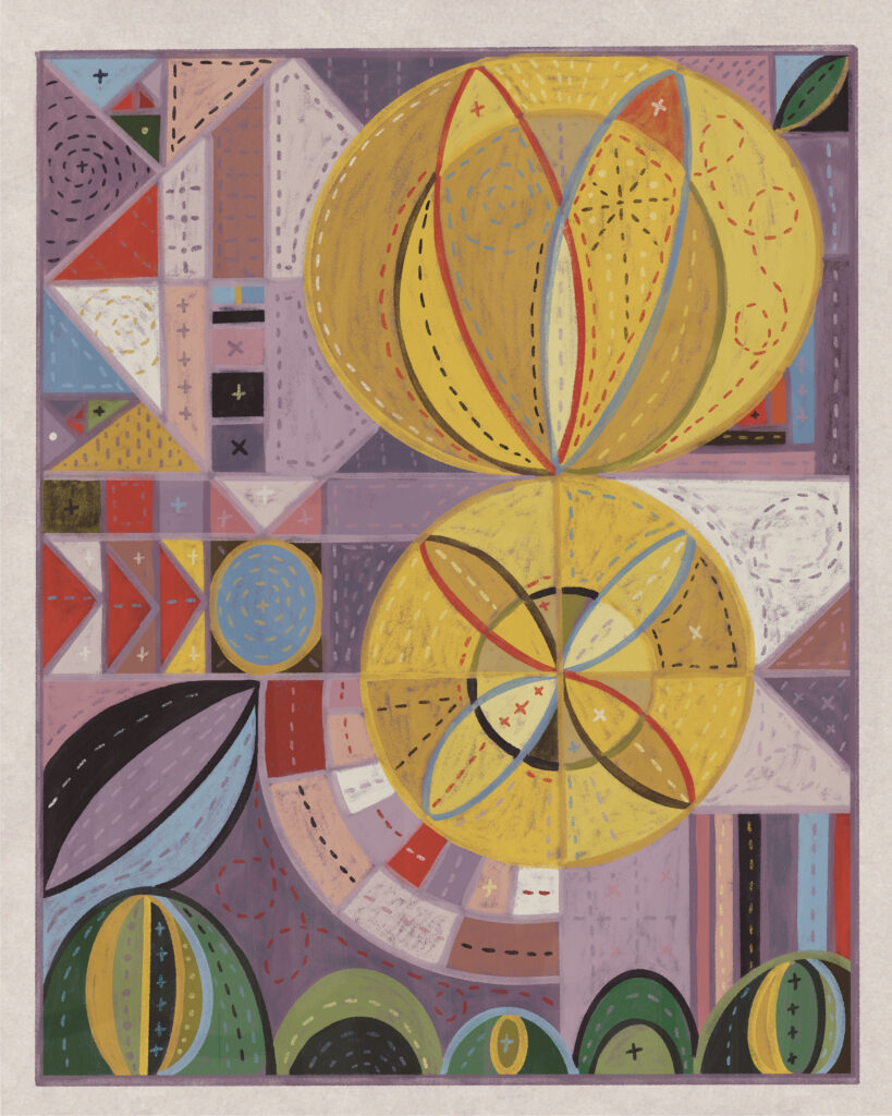 A colorful abstract painting with bold yellow circles surrounded by muted pink, purple, and green tones.