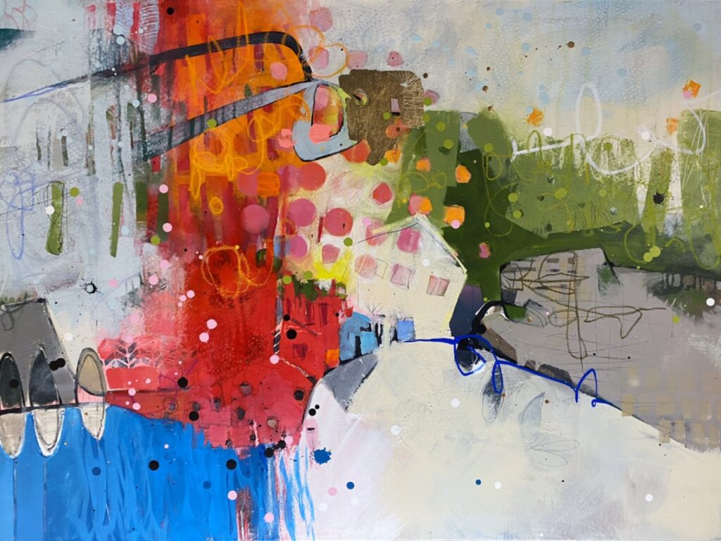 An abstract painting with a lot of colors, including green, orange, red, and blue. A house can be vaguely seen in the middl of the painting.