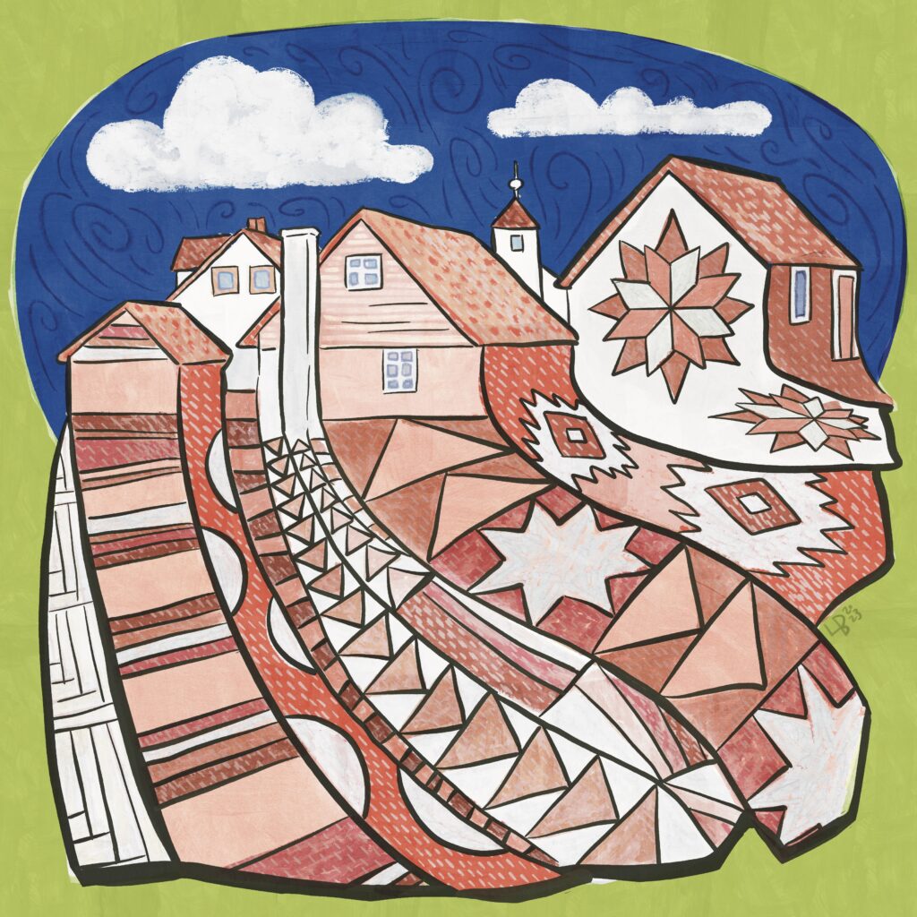 An illustration of a patchwork town with buildings that turn into undulating patterns