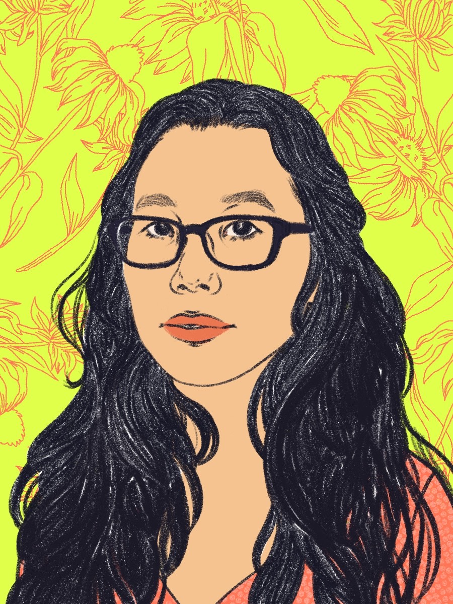 An illustration of a person of medium-light skin tone with long wavy black hair and glasses, wearing a coral top