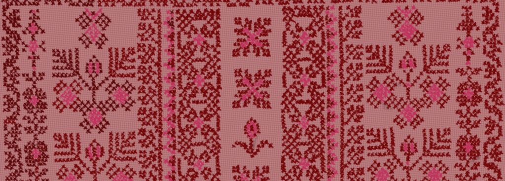 An illustration depicting an embroidered fabric with floral and geometric patterns in deep red and pink colors.