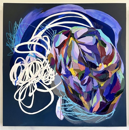 An abstract painting of a crumpled up form surrounded by colors and lines.