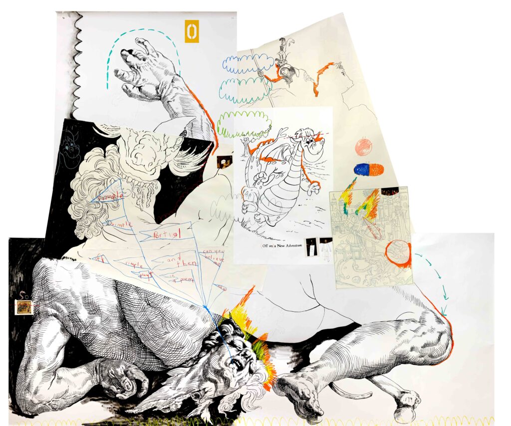 Many pieces of paper create an abstract form of a person. Some are fully rendered, others feel childlike. A coloring book page of a dragon is in the middle.