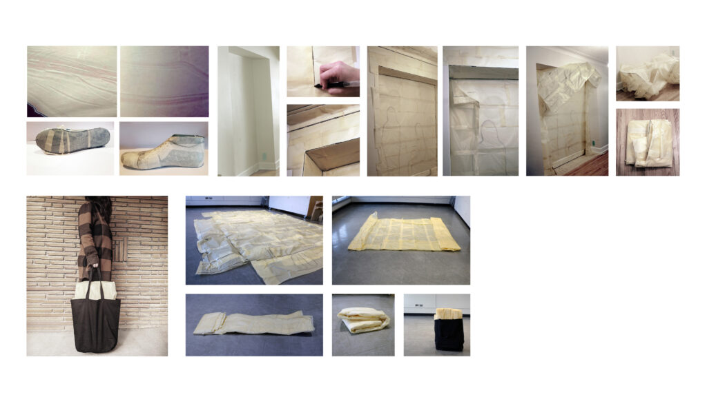 A collage of photos showing the progression of patterning a space and then folding that pattern up.