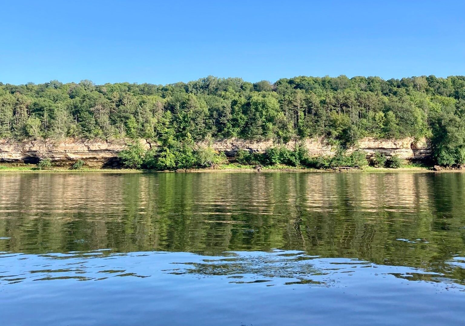 A sunny day along a river with blue water, blue skies, and a green treeline.