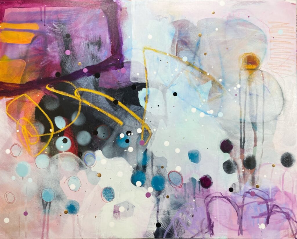 An abstract painting with orange, yellow, and blue colors. Thin lines and blobs of bright color overlap.