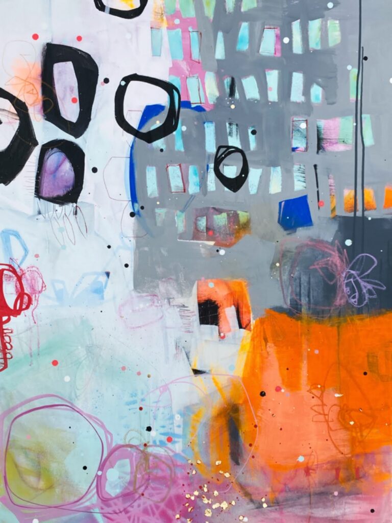 An abstract painting with a lot of colors and shapes. Squares and circles intersect.