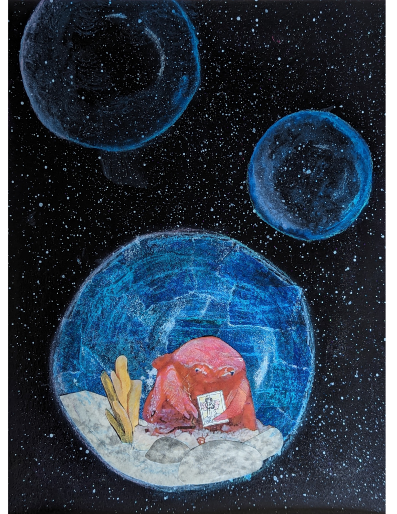 A mixed media piece of a crab holding a tarot card looking solemn as it floats within a bubble in space.