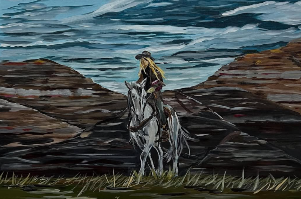 A painting of a person on a horse in the mountains.