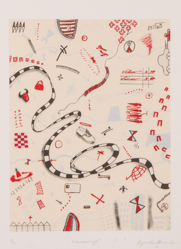 An etching art piece with red, gray, and black illustrations.