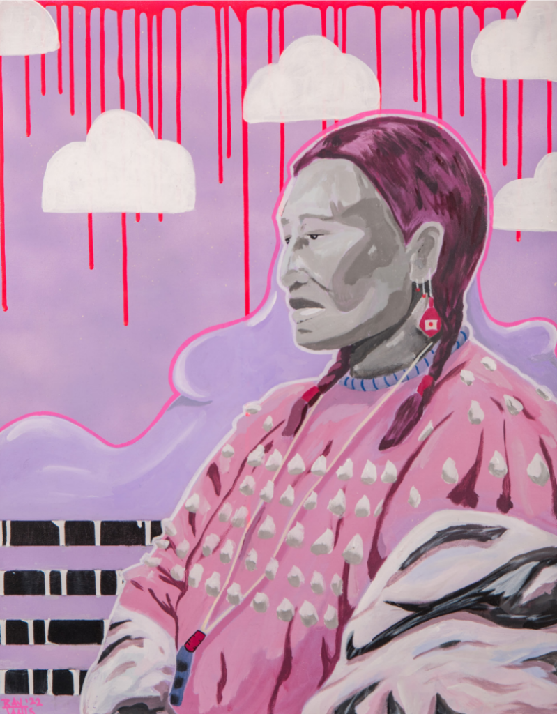 A pink painting of a woman looking to the side with clouds and dripping paint in the background.