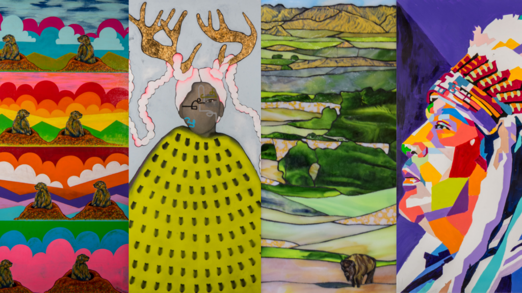 Four art pieces in a collage together, featuring vibrant colors.